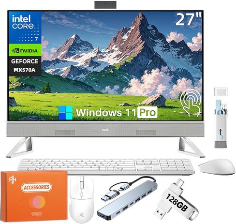 كمبيوتر مكتبي ديل انسبايرون 7730 الكل في واحد، شاشة لمس 27 بوصة، كور 7-150U (حتى 5.4 جيجاهرتز)، ذاكرة الوصول العشوائي DDR5 سعة 32 جيجابايت، 1 تيرابايت SSD، NVIDIA GeForce MX570A، Copilot AI، Windows 11 Pro، لوحة مفاتيح وماوس لاسلكي، مع ملحقات in Kuwait