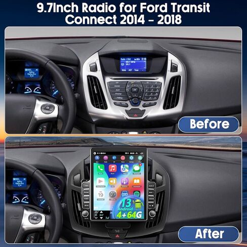 4G+64G - راديو ستيريو للسيارة مزدوج الدين لسيارة Ford Transit Connect 2014 2015 2016 2017 2018 مع CarPlay Android Auto، شاشة لمس عالية الدقة 9.7 بوصة، جهاز استقبال صوت السيارة GPS Bluetooth WiFi SWC FM AUX-in، كاميرا احتياطية in Saudi Arabia