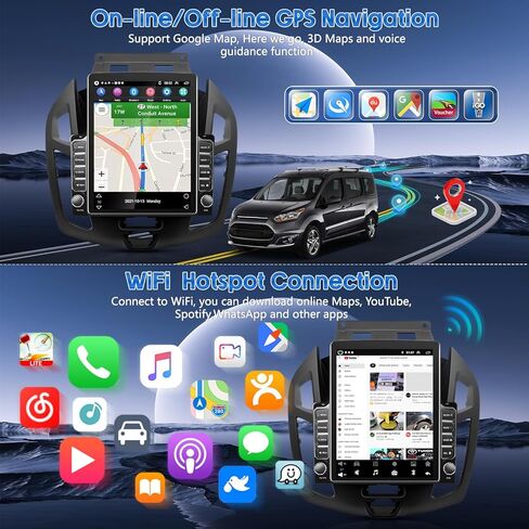 4G+64G - راديو ستيريو للسيارة مزدوج الدين لسيارة Ford Transit Connect 2014 2015 2016 2017 2018 مع CarPlay Android Auto، شاشة لمس عالية الدقة 9.7 بوصة، جهاز استقبال صوت السيارة GPS Bluetooth WiFi SWC FM AUX-in، كاميرا احتياطية in Saudi Arabia