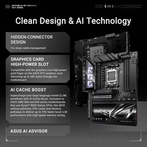 ROG Crosshair X870E Hero BTF AMD ATX Board with Hidden-Connector Design & high-Power GPU Slot for Clean Cable Management, 18+2+2 Power, DDR5, WiFi 7, 5X M.2, PCIe 5.0, USB4, Advanced AI PC Ready in Saudi Arabia