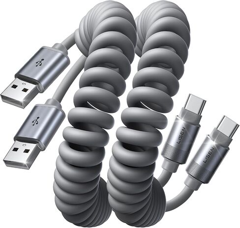 كابل USB C ملفوف من LISEN، عبوتان لكابل Android Auto & CarPlay، كابل USB A قصير إلى USB C متوافق مع iPhone 17/16/15، Samsung Galaxy S25/S24/S23 A15/A14، Google Pixel 9/8، Space Gray 4FT in Saudi Arabia