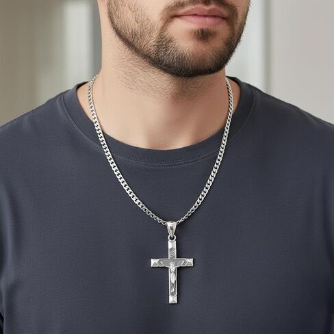 US Jewels Men's Large 1.75in 0.925 Sterling Silver Crucifix Cross Pendant Necklace, 22in thru 26in in Saudi Arabia