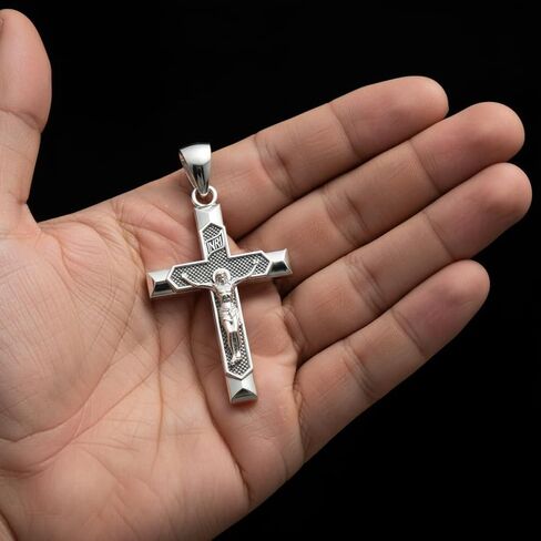 US Jewels Men's Large 1.75in 0.925 Sterling Silver Crucifix Cross Pendant Necklace, 22in thru 26in in Saudi Arabia