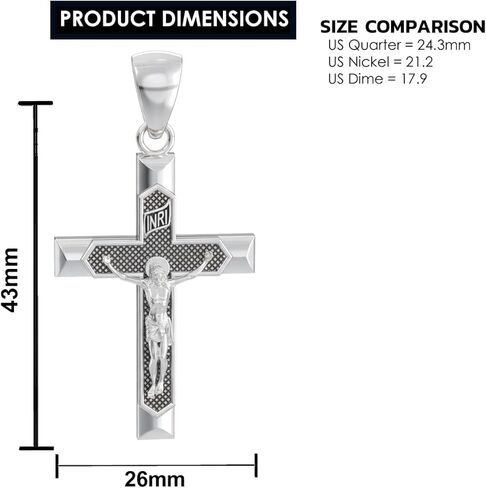 US Jewels Men's Large 1.75in 0.925 Sterling Silver Crucifix Cross Pendant Necklace, 22in thru 26in in Saudi Arabia