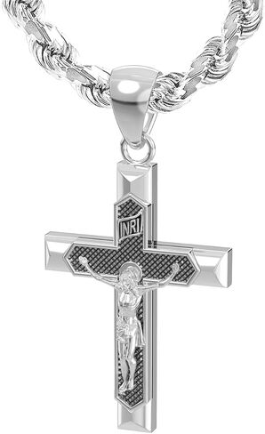US Jewels Men's Large 1.75in 0.925 Sterling Silver Crucifix Cross Pendant Necklace, 22in thru 26in in Saudi Arabia