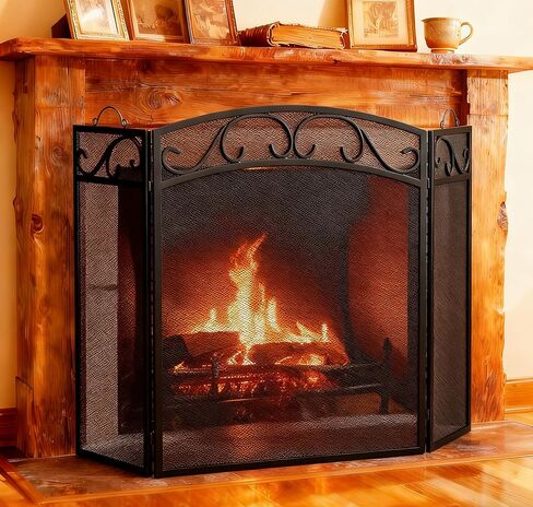 شاشة مدفأة Fire Beauty 3 ألواح بمقابض من الحديد المطاوع مقاس 51 بوصة (طول) × 31 (ارتفاع) غطاء حماية من الشرارة (أسود) in Kuwait