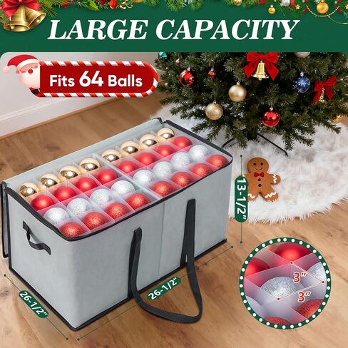 Baleine Christmas Ornament Box with Dividers ، Premium Holiday Orment storage Contoring Bin لزينة عيد الميلاد (128 كرة ، رمادي ، بدون صينية) in Kuwait