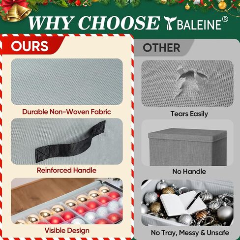 Baleine Christmas Ornament Box with Dividers ، Premium Holiday Orment storage Contoring Bin لزينة عيد الميلاد (128 كرة ، رمادي ، بدون صينية) in Kuwait