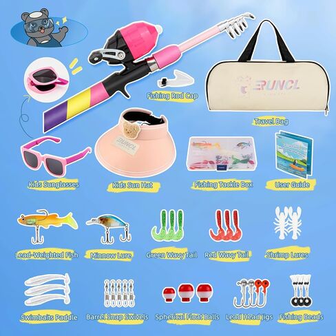 RUNCL Kids Fishing Pole and Reel Combo Kit - 4.9FT Telescopic Fishing Rod with Spincast Reel, Tackle Box, Hat, Sunglasses, Travel Bag - Easy Fishing Kit for Kids Ages 3-12, Youth Beginner in Saudi Arabia