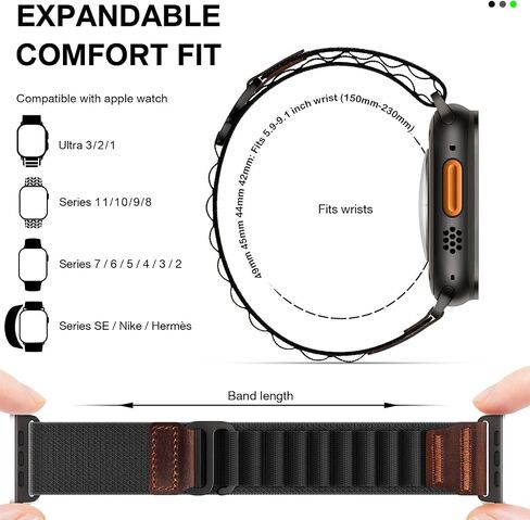 حلقة جبال الألب بتصميم جلدي متوافقة مع أحزمة ساعة Apple Ultra 3 2 1 (49 مم) والسلسلة 11 10 9 8 7 6 5 4 SE 3 2 1 (46 مم 45 مم 44 مم)، سوار رياضي من النايلون الناعم القابل للتمدد لساعة iWatch للرجال والنساء in Saudi Arabia