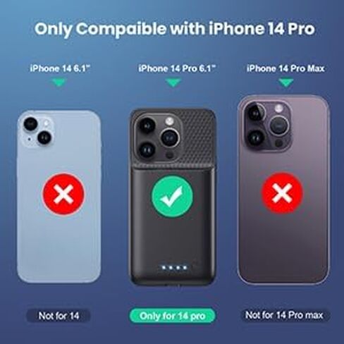 حافظة بطارية Feob لهاتف iPhone 14 Pro (6.1 بوصة)، حافظة شحن بطارية نحيفة للغاية بقوة 7200 مللي أمبير في الساعة، غطاء شاحن ممتد واقٍ قابل لإعادة الشحن لهاتف iPhone 14 Pro-أسود in Kuwait