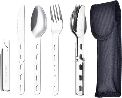 4-in-1 Camping Spoon Fork Knife Combos Set of 4 - Portable Stainless Steel Flatware Spoon Fork kit - fork Knife & Bottle Opener Combo Pack for Picnic Hiking Travel in Saudi Arabia