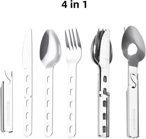 4-in-1 Camping Spoon Fork Knife Combos Set of 4 - Portable Stainless Steel Flatware Spoon Fork kit - fork Knife & Bottle Opener Combo Pack for Picnic Hiking Travel in Saudi Arabia