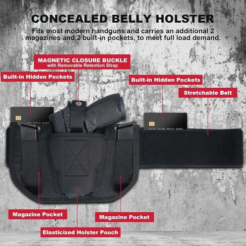Belly Band Holster for Concealed Carry - Gun Holster for Men & Women, Ambidextrous Design, Double Mag Pouch for Most Pistols and Revolvers in Saudi Arabia