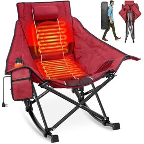 Suteck Heated Rocking Camping Chair, Fully Thicker Padded Heated Camping Chairs for Outdoor Sports W/3 Heat Levels for Back & Seat, Heated Rocking Chair for Adults with Carry Bag, Battery NOT Included in Kuwait