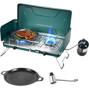 موقد تخييم محمول، موقد تخييم قابل للطي بشعلتين مع شواية وحقيبة حمل وخرطوم، موقد تخييم البروبان المحمول بقدرة 8600 وحدة حرارية بريطانية مع إشعال وشعلتين قابلتين للتعديل، للتخييم وشواية الشواء in Kuwait