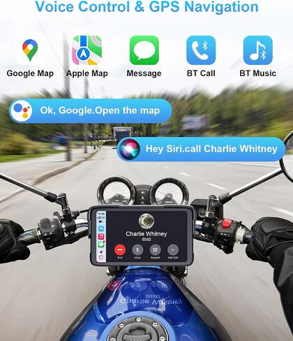 شاشة لمس CarPlay HD محمولة للدراجات النارية، نظام ملاحة GPS للدراجات النارية مع Apple Carplay وAndroid Auto، مقاومة للماء IP67، دعم إعدادات ضغط الإطارات، بلوتوث، التحكم الصوتي، الملاحة in Kuwait