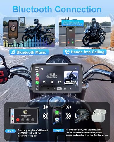 شاشة لمس CarPlay HD محمولة للدراجات النارية، نظام ملاحة GPS للدراجات النارية مع Apple Carplay وAndroid Auto، مقاومة للماء IP67، دعم إعدادات ضغط الإطارات، بلوتوث، التحكم الصوتي، الملاحة in Kuwait