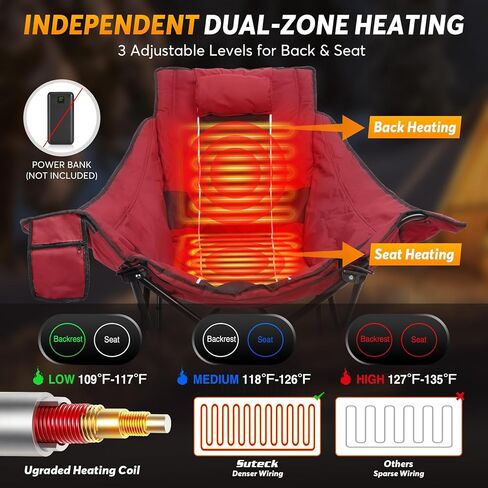 كرسي تخييم هزاز ساخن من Suteck، كراسي تخييم ساخنة مبطنة بالكامل للرياضات الخارجية مع 3 مستويات حرارة للظهر والمقعد، كرسي هزاز ساخن للبالغين مع حقيبة حمل، البطارية غير متضمنة in Kuwait