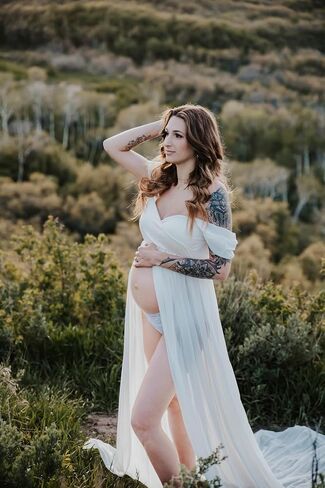 ZIUMUDY Maternity Dress for Photoshoot Photography Split Front Sheer Chiffon Off Shoulder Maternity Gown in Saudi Arabia