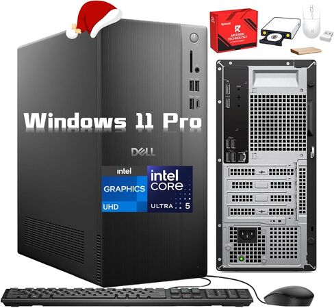 كمبيوتر سطح المكتب Dell Tower، معالج Intel 10-Core Ultra 5-225، وذاكرة وصول عشوائي DDR5 بسرعة 32 جيجابايت بسرعة 5600MT/s، ومحرك أقراص SSD سعة 1 تيرابايت M.2 PCIe، ورسومات Intel UHD، وWi-Fi 6، ونظام التشغيل Windows 11 Pro، مع لوحة مفاتيح وماوس وملحقات in Saudi Arabia