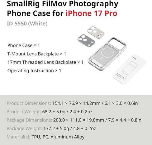 طقم حافظة هاتف SMALLRIG FilMov لهاتف iPhone 17 Pro، حافظة مغناطيسية مع مسند قابل للتعديل، لوحة خلفية للعدسة، دعم MagSafe، لمثبت الهاتف Gimbal، لـ DJI، لـ Insta360، White-5550 in Saudi Arabia