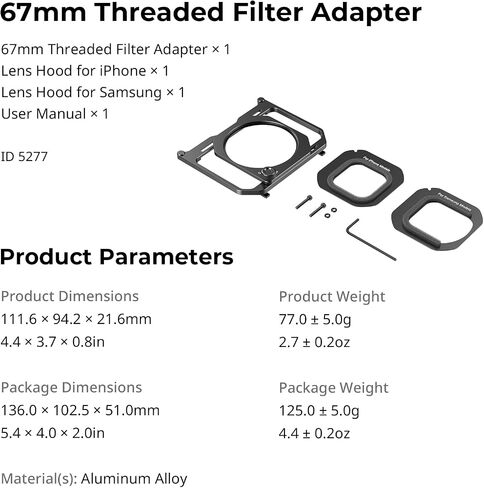 SMALLRIG 67mm Threaded Filter Adapter with Detachable Sun Hoods for Universal Phone Cage 4704/4597/5275/5276/4299B,for iPhone, for Samsung & Smartphones - 5277 in Saudi Arabia