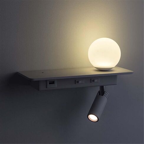 LED Wall Lights with switchable and USB Charging Port Ball with swivelling Reading lamp 3W + 5W with Shelf Bedside lamp for Bedroom Living Room Hotel,White in Saudi Arabia