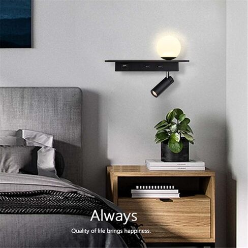 LED Wall Lights with switchable and USB Charging Port Ball with swivelling Reading lamp 3W + 5W with Shelf Bedside lamp for Bedroom Living Room Hotel,White in Saudi Arabia