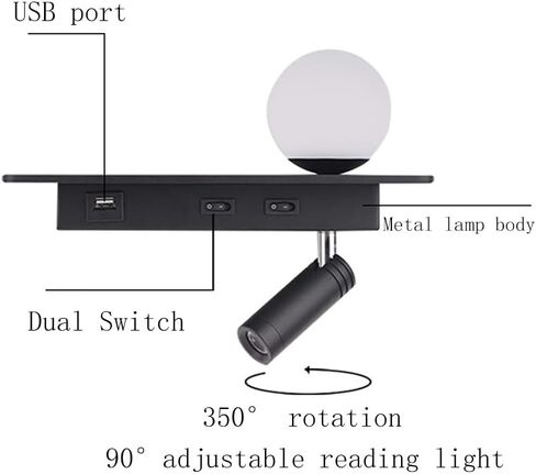 LED Wall Lights with switchable and USB Charging Port Ball with swivelling Reading lamp 3W + 5W with Shelf Bedside lamp for Bedroom Living Room Hotel,White in Saudi Arabia