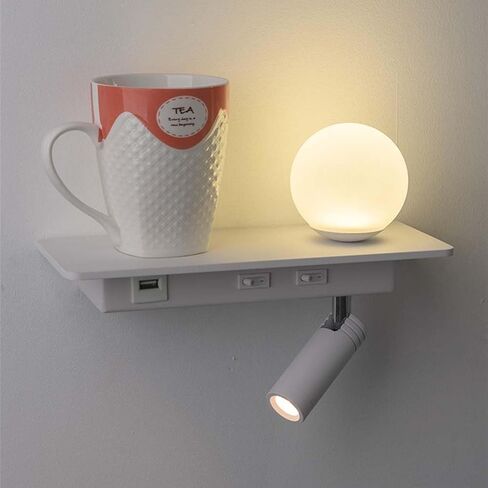 LED Wall Lights with switchable and USB Charging Port Ball with swivelling Reading lamp 3W + 5W with Shelf Bedside lamp for Bedroom Living Room Hotel,White in Saudi Arabia