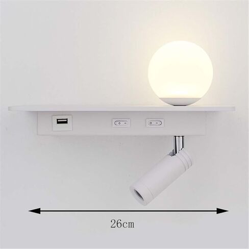 LED Wall Lights with switchable and USB Charging Port Ball with swivelling Reading lamp 3W + 5W with Shelf Bedside lamp for Bedroom Living Room Hotel,White in Saudi Arabia