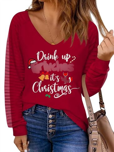 Women's Ugly Christmas Sweater Raglan Printed Shirt V Neck Striped Mesh Long Sleeve Top S-XXL in Saudi Arabia