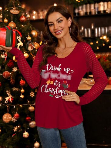 Women's Ugly Christmas Sweater Raglan Printed Shirt V Neck Striped Mesh Long Sleeve Top S-XXL in Saudi Arabia