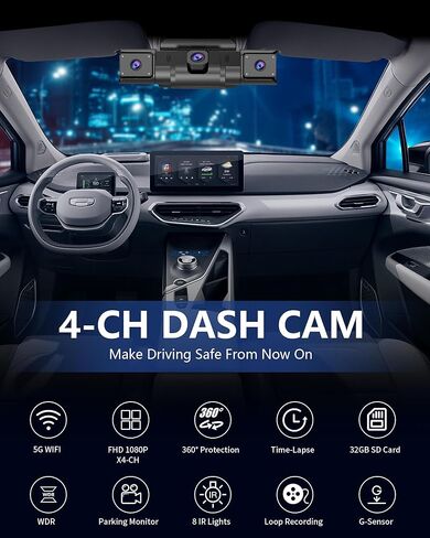 4 Channel Dash Cam 360° View,4K Front and Rear Inside Left Right,Full HD Dash Camera for Cars,Included 32GB Card,Built-in 5G WiFi GPS & APP Control, 3" IPS Screen, 24H Parking Mode in Saudi Arabia