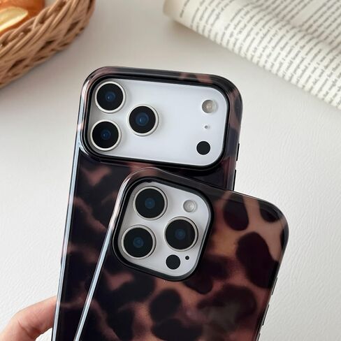 متوافق مع حافظة هاتف iPhone 17 Pro Max، حافظة هاتف على شكل سلحفاة للنساء والفتيات مقاومة للصدمات من مادة TPU وغطاء واقٍ صلب من البولي كربونات - بني كهرماني ليوبارد in Kuwait