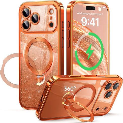 حافظة هاتف iPhone 17 Pro Max الرسمية باللون البرتقالي الكوني مع حامل يدور 360 درجة [بطاقات لامعة DIY] [مناسبة لـ MagSafe] حافظة حماية ملمعة بطول 16FT لهاتف iPhone 17 Pro Max مع حامل 6.9 بوصة، برتقالي كوني in Kuwait