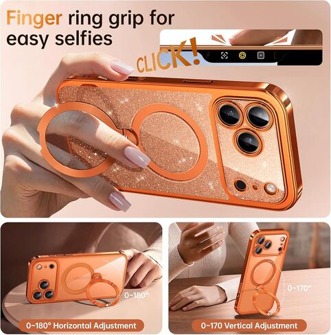 حافظة هاتف iPhone 17 Pro Max الرسمية باللون البرتقالي الكوني مع حامل يدور 360 درجة [بطاقات لامعة DIY] [مناسبة لـ MagSafe] حافظة حماية ملمعة بطول 16FT لهاتف iPhone 17 Pro Max مع حامل 6.9 بوصة، برتقالي كوني in Kuwait