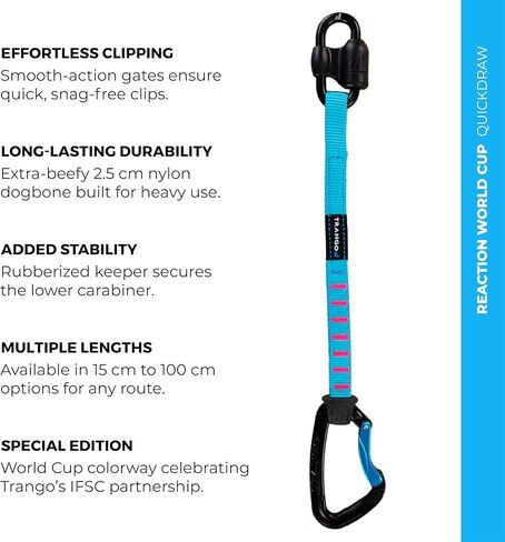Trango Reaction World Cup Quickdraw - Wiregate Sport Climbing Quickdraw لصالة الألعاب الرياضية وتسلق الصخور في الهواء الطلق مع عظمة دوج عريضة لسهولة القص، 15-100 سم، مفردة و6 عبوات in Kuwait