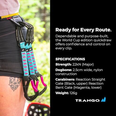 Trango Reaction World Cup Quickdraw - Wiregate Sport Climbing Quickdraw لصالة الألعاب الرياضية وتسلق الصخور في الهواء الطلق مع عظمة دوج عريضة لسهولة القص، 15-100 سم، مفردة و6 عبوات in Kuwait