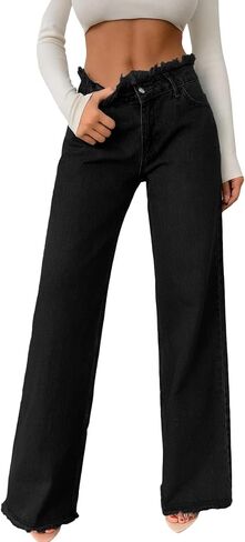 Astylish Womens High Waisted Raw Hem Jeans Stretchy Wide Leg Frayed Straight Denim Pants in Saudi Arabia