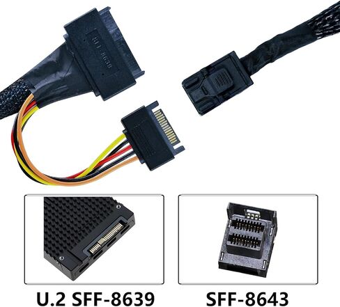 كابل محرك MINI SAS HD SFF-8643 إلى U.2 (SFF-8639) NVMe SSD مع طاقة SATA 15 سنًا، يدعم PCIe 3.0/4.0 x4 للخوادم وNAS ومحطات العمل (80 سم) in Kuwait