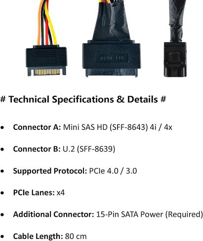 كابل محرك MINI SAS HD SFF-8643 إلى U.2 (SFF-8639) NVMe SSD مع طاقة SATA 15 سنًا، يدعم PCIe 3.0/4.0 x4 للخوادم وNAS ومحطات العمل (80 سم) in Kuwait