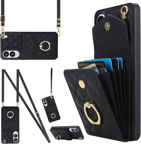 for Samsung Galaxy S25 FE (Not S25) Wallet Case with Card Holder, PU Leather with Crossbody Lanyard Wrist Strap Kickstand Cover for Women for Samsung S25 FE.Lanyard Black in Saudi Arabia