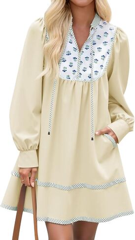Wenrine Womens Disual Floral Mini Dress 2025 Fall Long Sleeve v Neck Patchwork Lough Boho Dresses in Saudi Arabia