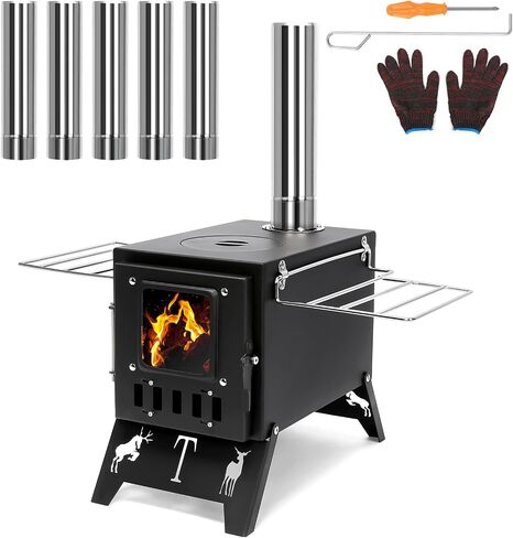 Portable Wood Burning Tent Stove for Camping & Hunting, Hot Tent Wood Stove for Outdoor Cooking & Heating, Foldable Legs & 5 Stainless Steel Chimney Pipes, Drying Rack & Gloves Included in Saudi Arabia
