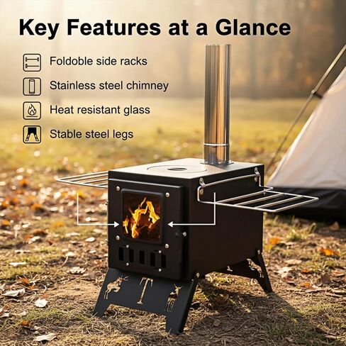 Portable Wood Burning Tent Stove for Camping & Hunting, Hot Tent Wood Stove for Outdoor Cooking & Heating, Foldable Legs & 5 Stainless Steel Chimney Pipes, Drying Rack & Gloves Included in Saudi Arabia