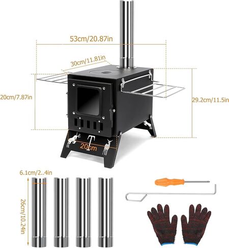 Portable Wood Burning Tent Stove for Camping & Hunting, Hot Tent Wood Stove for Outdoor Cooking & Heating, Foldable Legs & 5 Stainless Steel Chimney Pipes, Drying Rack & Gloves Included in Saudi Arabia