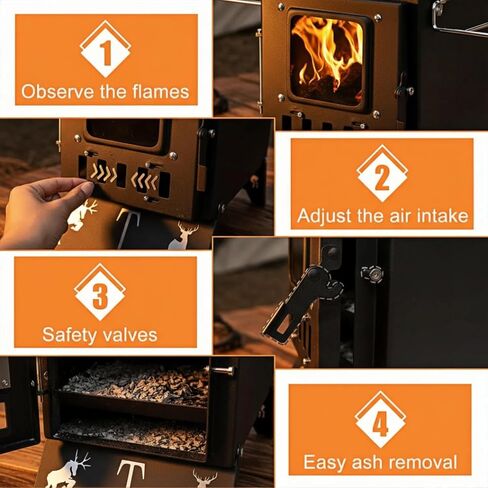 Portable Wood Burning Tent Stove for Camping & Hunting, Hot Tent Wood Stove for Outdoor Cooking & Heating, Foldable Legs & 5 Stainless Steel Chimney Pipes, Drying Rack & Gloves Included in Saudi Arabia