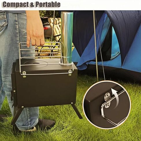 Portable Wood Burning Tent Stove for Camping & Hunting, Hot Tent Wood Stove for Outdoor Cooking & Heating, Foldable Legs & 5 Stainless Steel Chimney Pipes, Drying Rack & Gloves Included in Saudi Arabia